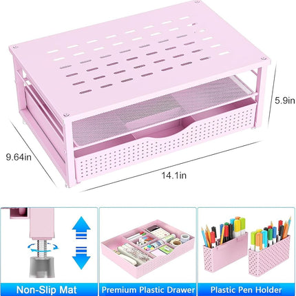 gianotter Monitor Stand with Drawer and Pen Holder, Desk Organizers and Accessories, 2-Tier Monitor Riser, Ideal for Office Supplies Desk Accessories(Pink), D-3-2