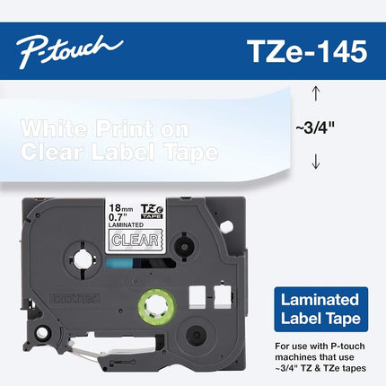 Brother TZe-145 Labelling Tape Cassette, White on Clear, 18mm (W) x 8M (L), Laminated, Brother Genuine Supplies