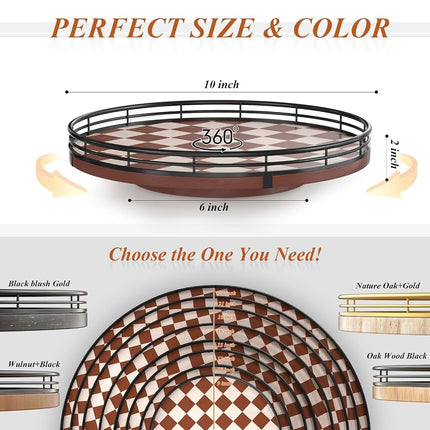 AMH 10-Inch Brown Checkerboard Lazy Susan Organizer with Black Metal Rail