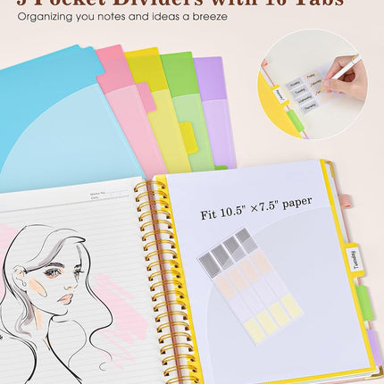 Hardcover Large Spiral Notebook 8.5" x 11" with Removable Dividers Tabs, 300 pages Leather 5 Subject Notebook College Ruled, A4 Journal for Women Men, Notebooks for Work School Note taking, Pink