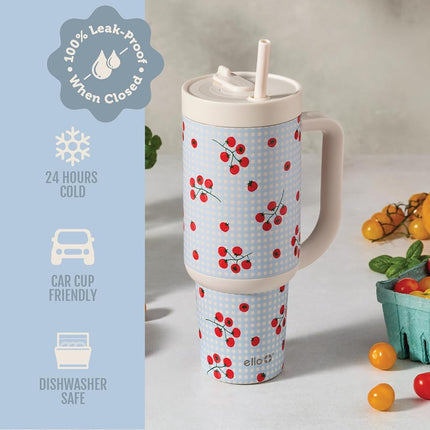 Ello Oasis 40oz Tumbler with Handle & Retracting Straw | Reusable Insulated Stainless Steel Cup 100% Leakproof | Keeps Cold for 24 Hours | Cup Holder Friendly | Picnic on the Vine