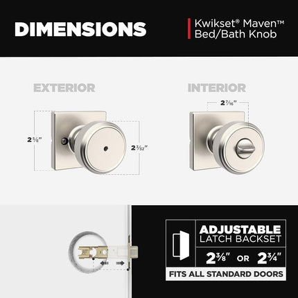 Bouton de porte intérieur d'intimité Kwikset Maven avec serrure, poignée de porte carrée pour salle de bain et chambre à coucher, poignée de porte sans clé en nickel satiné, avec protection Microban