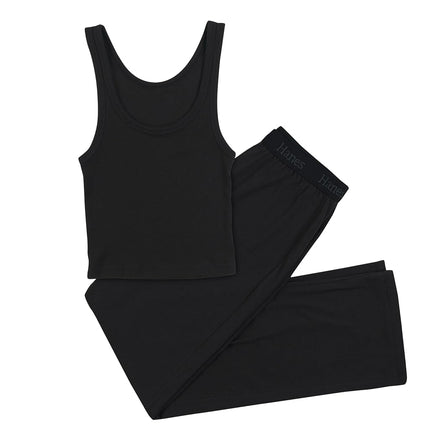 Hanes Women's Originals 2-Piece, Comfywear Supersoft Crop Tank & Lounge Pants Loungewear Set Pajama, Black, M (Pack of 2)