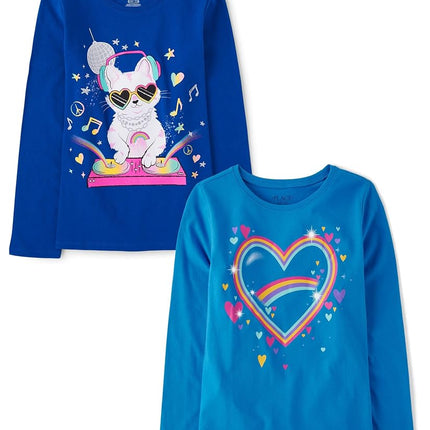The Children's Place Girls' Cats Long Sleeve Graphic T-Shirts,multipacks, Cat/Heart 2-Pack, Large