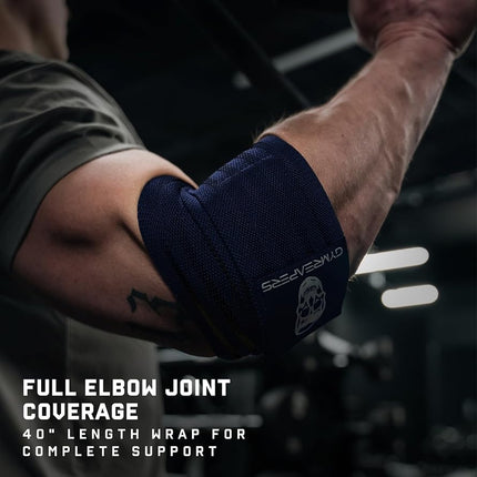 Gymreapers Weightlifting Elbow Wraps (1 Pair) - Flexible 40'' Elbow Compression Strap & Joint Support Brace - for Bench Press, Powerlifting, and Pressing (Navy)