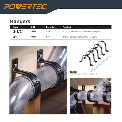 POWERTEC Clear PVC Pipe 4" x 36" Long, 4PK Plastic Tubing and 10PK Pipe Straps w/Anchors & Screws Compatible w/Dust Collection Fittings - Hose for Woodworking Tools (70470)