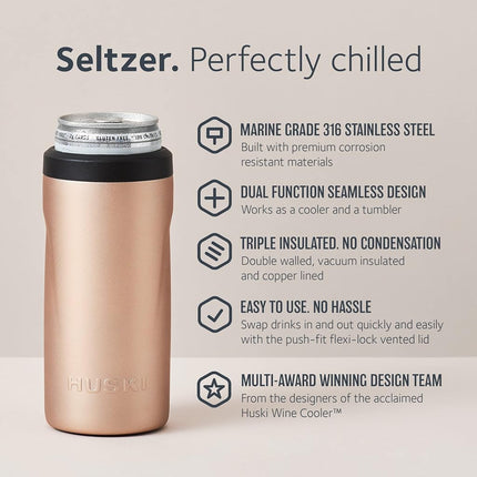 Huski Seltzer Cooler | NEW | Premium 12oz Skinny Drink Holder for Hard Seltzer, Beer, Soda Slim Cans | Triple Insulated 316 Stainless Steel | Seamless Design | Works as a Tumbler (Rosé)