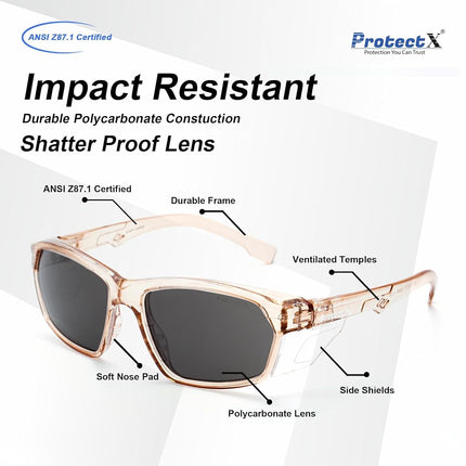 ProtectX Stylish Anti-Fog & Scratch-Resistant Safety Glasses With Readers, UV Protection Goggles, Anti-Impact Lightweight Glasses for Men＆Women Cold Brew Tinted Smoke - 2 Pack