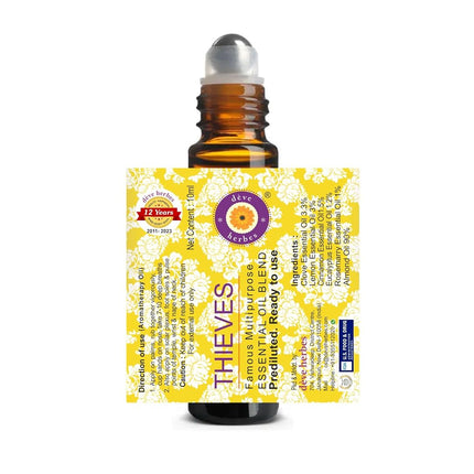 Deve Herbes Thieves Multipurpose Undiluted Essential Oil Blend 100ml (3.38 oz) with Pre-Diluted Ready-to-Use Roll-on 10ml (0.33 oz)