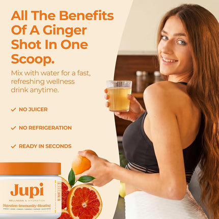 Jupi Hydration & Wellness Powder – Turmeric & Ginger shots, Vitamin C Supplement for Energy, Immune Support & Digestive Health – Vegan, Gluten-Free Drink Mix for Men & Women, Citrus Flavor 30 servings