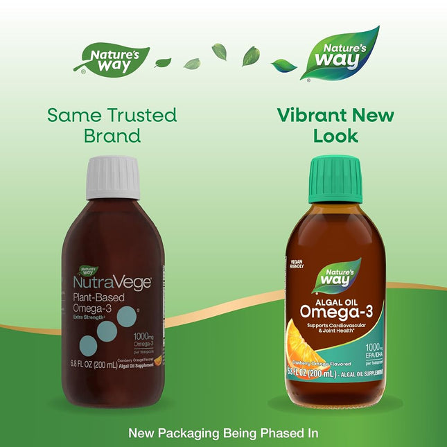 Nature's Way NutraVege Extra-Strength Omega-3 Plant Based Liquid Supplement- Vegeterian, Vegan- Cranberry Orange Flavor, 6.8 oz