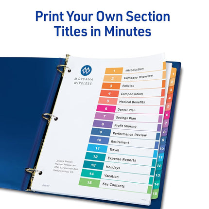 Avery 15 Tab Dividers for 3 Ring Binders, Customizable Table of Contents, Multicolor Tabs, 3 Sets (11074)