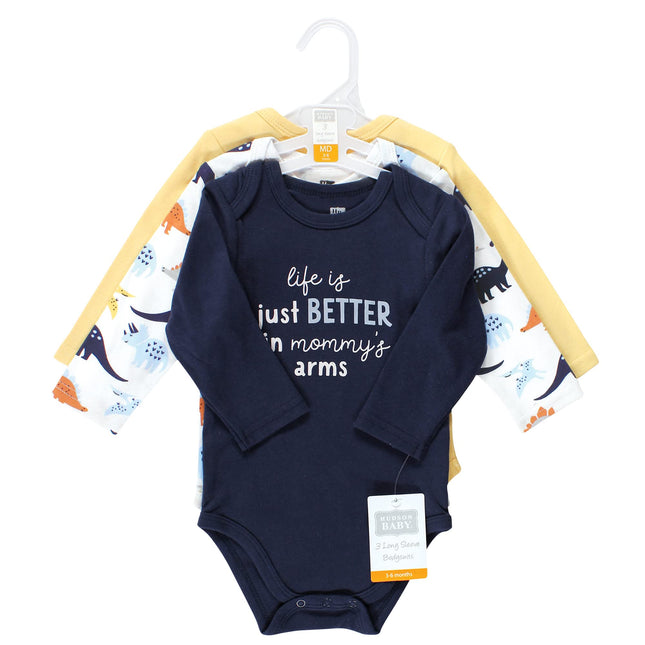 Hudson Baby Baby Boys Cotton Long-sleeve Bodysuits 3-pack, Hugasaurus, 3-6 Months