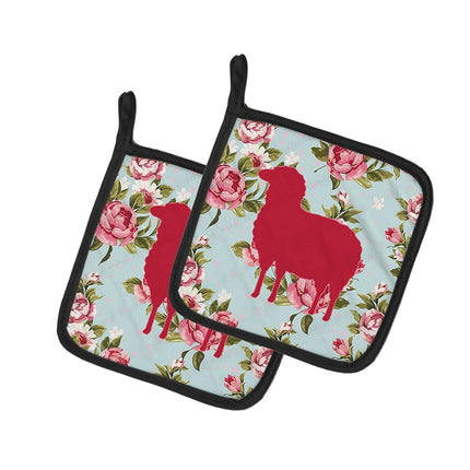 Caroline's Treasures Sheep Shabby Chic Blue Roses Pair of Pot Holders BB1126-RS-BU-PTHD, Fabric