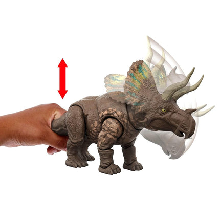 Mattel Jurassic World: The Rebirth Gigantic Thrashers Eotriceratops Dinosaur Toy Figure, Large Dinosaur Species with Two Accitable Anger Attacks, Digital Game, JGB93