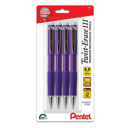 Pentel Twist-Erase III Mechanical Pencil, (0.9mm), Bold Line, Violet Barrel, Pack of 4 (QE519BP4V)