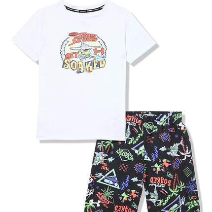 Under Armour Boys' Swim Volley, Sleeve Shirt & Matching Shorts, Lightweight & Breathable Rash Guard Set, White/Opulent Garden, 2