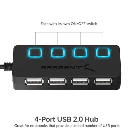 SABRENT USB Hub 4 Port USB 2.0 Portable Travel USB Docking Station with Individual LED lit Power Switches [Charging NOT Supported] for Mac & PC (HB-UMLS)
