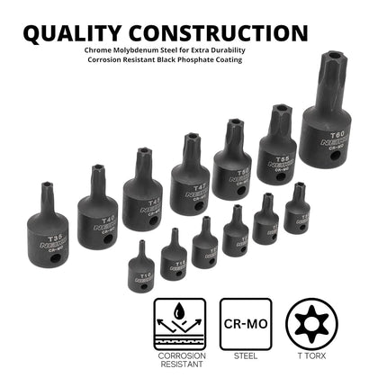 Neiko 10282B Security Torx Impact Socket Kit, 13 Piece | 1/4" - 1/2" Square Drive | T10H - T60H | Cr-Mo Steel