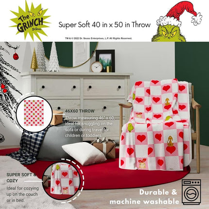Franco Le Grinch Couverture Polaire à Carreaux Motif Cœur Saint-Valentin Super Douce Toucher Soie, 102 cm x 127 cm (Produit sous Licence Officielle)