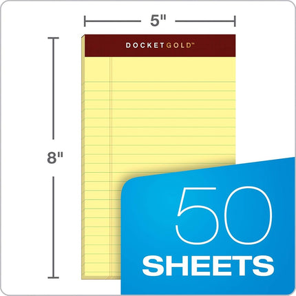 TOPS Docket Gold Writing Tablet, 5 x 8 Inches, Perforated, Canary, Narrow Rule, 50 Sheets per Pad, 12 Pads per Pack (63900)
