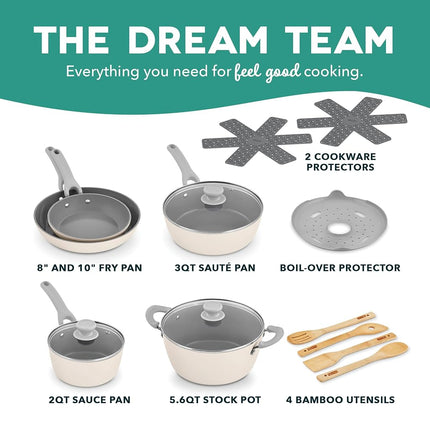 DASH Dream Green Nonstick Ceramic Cookware Set, 15 Piece, Cream - Recycled Aluminum and Ceramic, Nonstick Cookware Set, Oven Safe and Compatible with All Cooktops