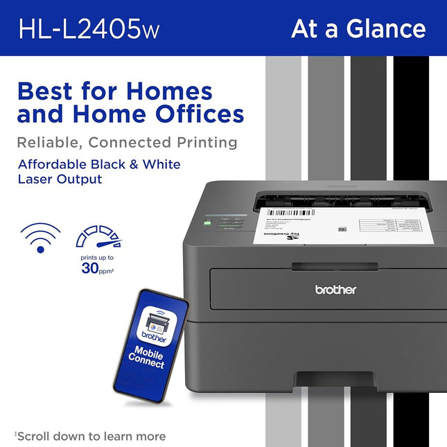 Brother HL-L2405W Compact Wireless Monochrome Laser Printer with Mobile Printing, Black and White Edition, Includes Upgrade Subscription Test (1), Amazon Dash Replenishment Ready
