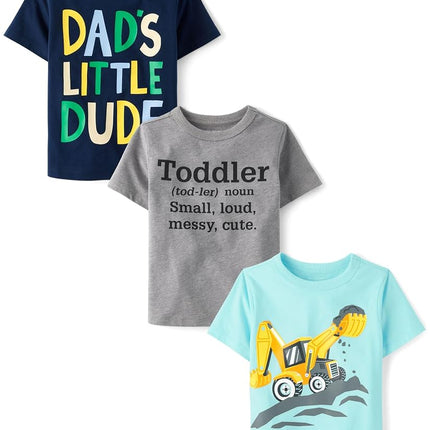 The Children's Place Ensemble de 3 T-shirts graphiques à manches courtes pour bébé fille et tout-petit, Tout-petit Def/Excavatrice/Papa, 3T