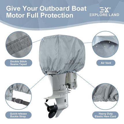 Explore Land Outboard Motor Cover - Waterproof and Fade Resistant 600D Heavy Duty Boat Engine Hood Covers - Fit for Motor 50-115 HP, Grey