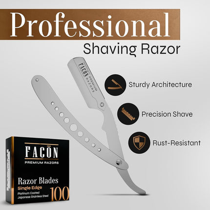 1 Seller - Facon Professional Straight Edge Barber Razor/Rasoirs/Rasoi - Salon Quality Cut Throat Shavette - Japanese Stainless Steel - NEW 2017 Model Limited Edition - Includes 5 DE Razor Blades.