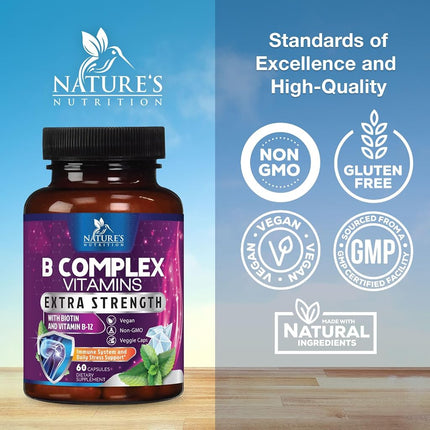 Vitamin B Complex - All B Vitamins Including B12, B1, B2, B3, B5, B6, B7, B9, Folic Acid - Natural Energy Support - High Absorption Vitamin B Supplement - 60 Capsules