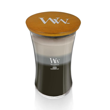 WoodWick Large Hourglass Scented Trilogy Candle | Warm Woods | with Crackling Wick | Up to 130 Hours Burn Time