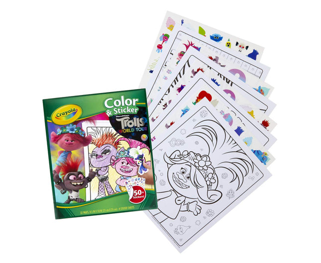 Crayola Trolls World Tour, libro de actividades para colorear y pegar, con 32 páginas para colorear para niños y 4 hojas de calcomanías, libro de Trolls 2 para colorear, regalo para niños, edades de 3, 4, 5, 6 años