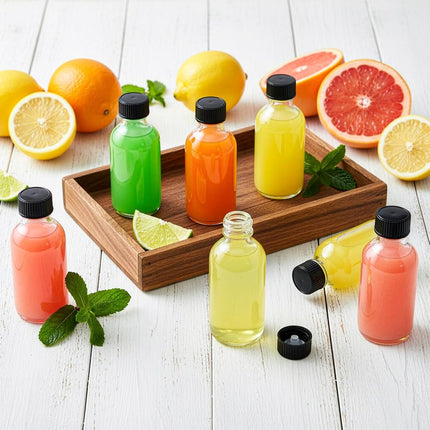 Bekith 30 Pack 2 oz Small Glass Bottles with Lids, 60ml Boston Round Glass Shot Bottles for Juice, Oils, Whiskey, Sample, Wellness, Ginger, Liquids, Mini Travel Bottle