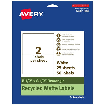 Avery EcoFriendly Matte White Recycled Rectangle Labels, 5.5" x 8.5", Matte White Labels, Permanent Adhesive, Laser/Inkjet Printable, 50 Total