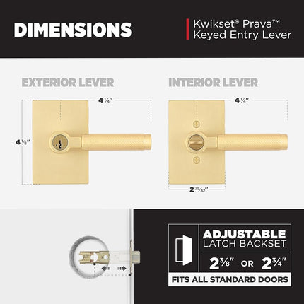 Manilla de puerta de entrada Kwikset Prava con cerradura y llave, manilla exterior reversible con llave de seguridad, para entrada principal y dormitorios, latón satinado, seguridad Smartkey Rekey resistente a robos y Microban
