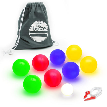 GoSports Set de juego de bochas LED de 85 mm - Incluye 8 bolas de bochas que se iluminan (240 g cada una), pallino, estuche y cuerda de medición, multicolor, mediano