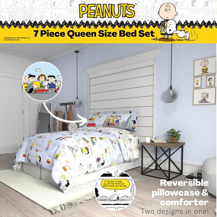 Franco Collectibles Peanuts Multi Character Bedding 7 Piece Super Soft Comforter and Sheet Set with Sham, Queen, (100% Official Licensed Product)