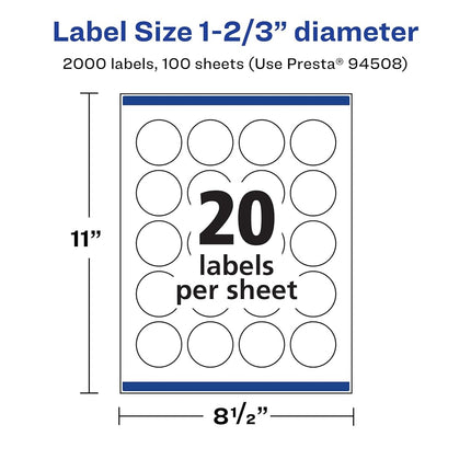 Avery Matte White Round Labels with Sure Feed, 1-2/3" Diameter, 2,000 Matte White Printable Labels