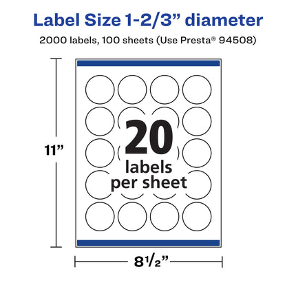 Avery Matte White Removable Round Labels with Sure Feed Technology, Print-to-The-Edge, 1-2/3" Diameter, 2,000 Removable Labels, Laser/Inkjet Printable Labels