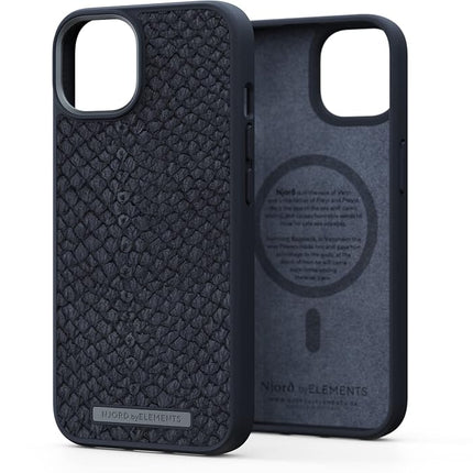 Njord Collections iPhone 14 Plus Case - Mobile Phone Case Made Salmon Leather - Reycled/Durable Material - 2 Metre Drop Protection - Suitable for Magsafe/Wireless Charging - Black