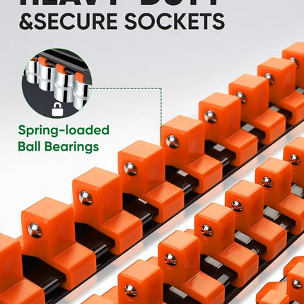 ALOANES 9 PC ABS Socket Organizer, 1/2 inch, 3/8 inch and 1/4 inch Drive Socket Rail Holders, Heavy Duty Socket Racks, Black Rails with Orange Clips