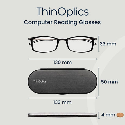 ThinOptics Blue Light Blocking Glasses 1.00, Black Frame, 4mm Case, Compact