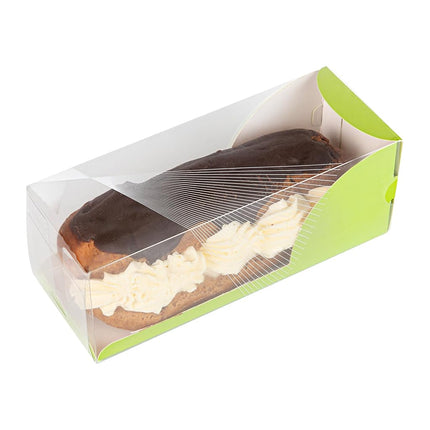 Restaurantware-7 Inch x 2.5 Inch Clear Dessert Boxes, 100 Green Paper Sleeve Transparent Candy Boxes - Geometric Line Accent, No Grease Lining, Clear Plastic Favor Box, Crack Resistant