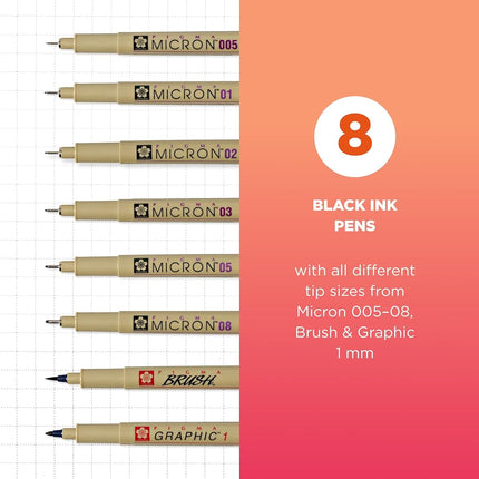 Sakura Pens Pigma Micron All Black 8 Nibs Set