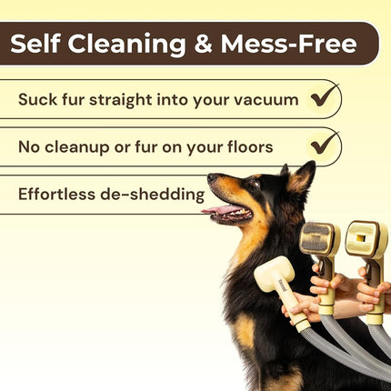 Groomi Vacuum Pet Brush Kit – 3-in-1 Dog & Cat Grooming Tool with Self-Cleaning Deshedding Brush – Universal Vacuum Attachment, Pet Hair Remover for Shedding, All Coat Types, Works with Dyson