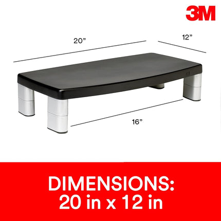 3M Office Adjustable Monitor Stand, 50.8 x 30.48 x 14.9 cm - Black/Silver