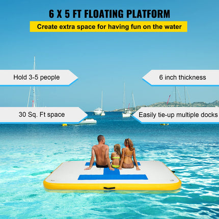 VEVOR Inflatable Floating Dock 6 x 5 ft, 6 Inch Thick, 3-5 People, Electric Air Pump, Pool Beach Ocean
