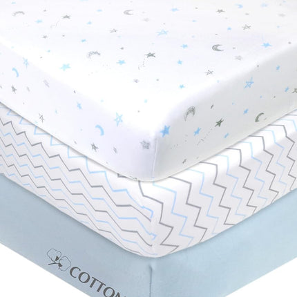 American Baby Company Lot de 3 draps-housses en jersey de coton 100 % naturel pour parc de bébé, motifs étoiles/zigzags bleus, doux et respirants, pour garçons et filles