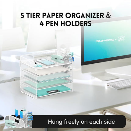 SUPEASY 5 Tier Desk Organizer with Handle & Removable Pen Holders, Mesh Paper/File Organizer for Desk, Paper Letter Tray Organizer for Office Supplies (White)
